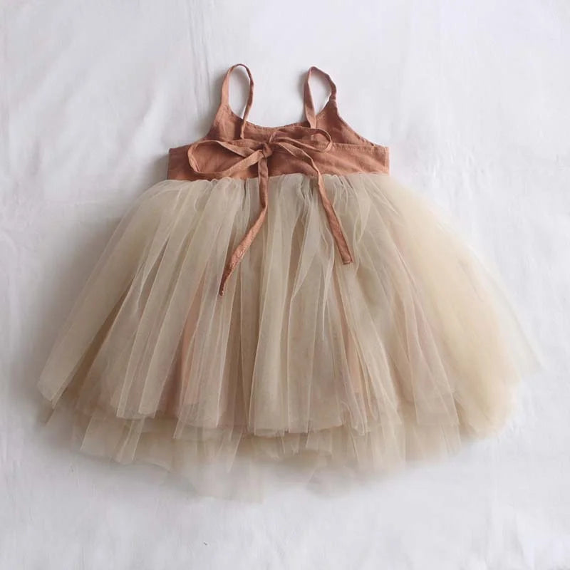 Children's dress with a brown bodice and beige tulle skirt on a white background